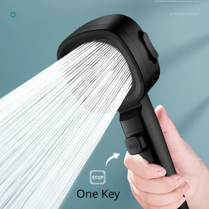 Pommeau de douche noir carré haute pression bouton stop
