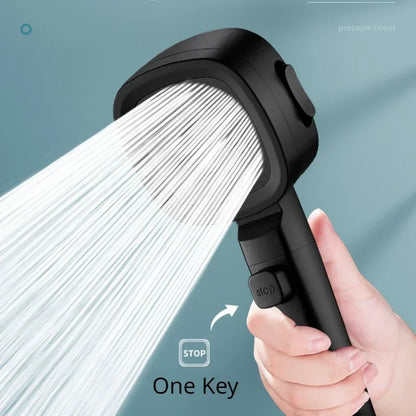 Pommeau de douche noir carré haute pression bouton stop
